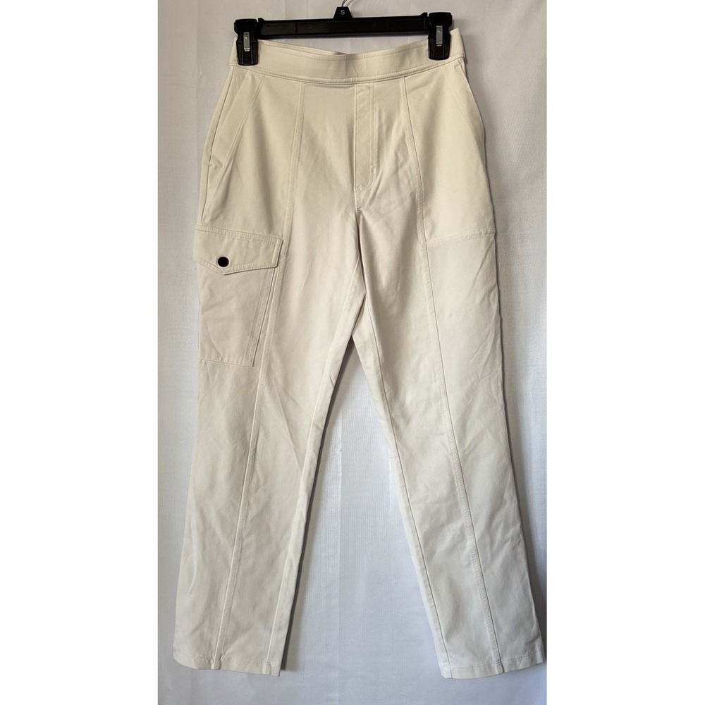 Women Susan Graver Weekend Off White Stretch Pull On Pants Snap Pockets Size XSP